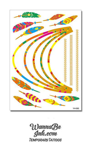 Colorful Feathers and Beaded Necklace Metallic Temporary Tattoos