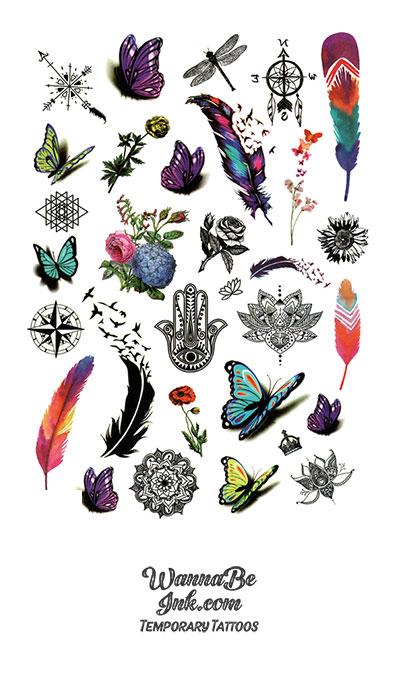 Colorful Feathers and Butterflies Best Temporary Tattoos