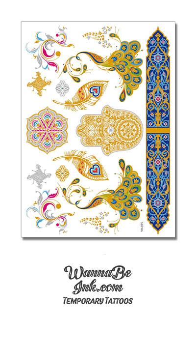 Colorful Gold Green and Blue Peacocks with Gold Hamsa and Blue Arabic Band Design Temporary Tattoos