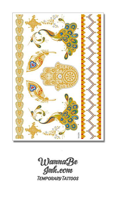 Colorful Gold Green and Blue Peacocks with Gold Hamsa and Feathers Metallic Temporary Tattoos