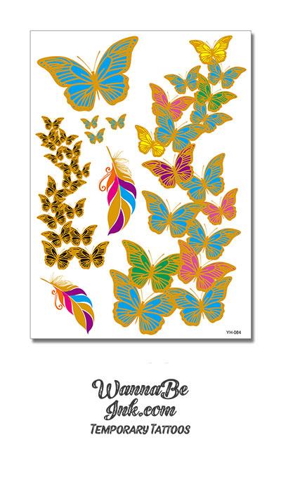 Colorful or Black and Gold Butterflies Metallic Temporary Tattoos