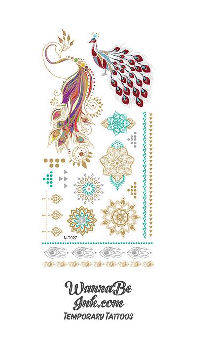 Colorful Peacocks with Mandalas of Turquoises and Gold Metallic Temporary Tattoos