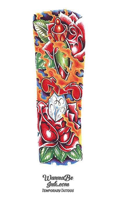 Colorful Rose and Flaming Dagger Temporary Sleeve Tattoos