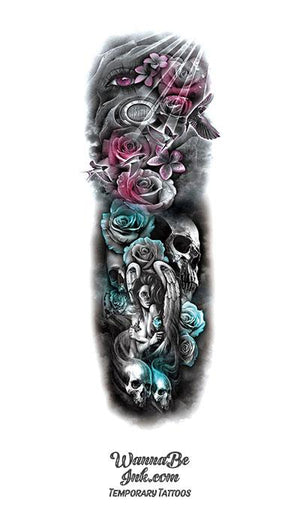 Colorful Sexy Angel Skulls Blue and Pink Roses Swallow Sun Burst Temporary Sleeve Tattoos