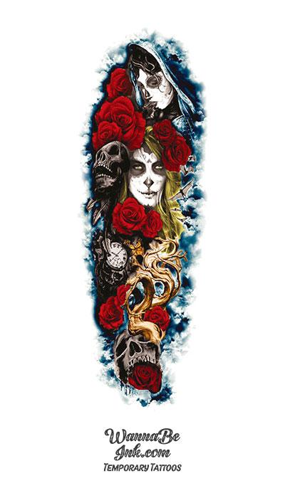 Colorful Sugar Skull Women with Roses Skulls and Clock Temporary Sleeve Tattoos