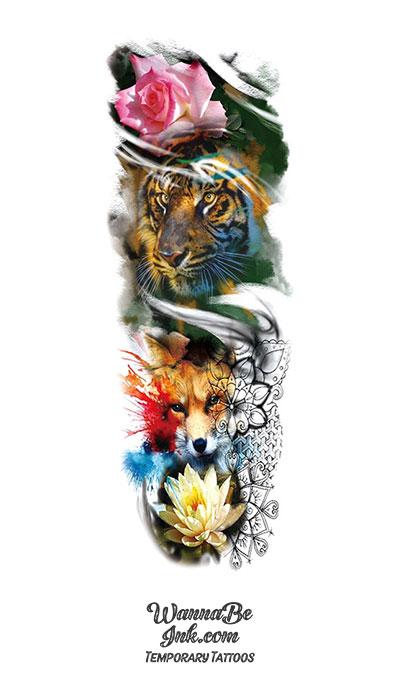 Colorful Tiger Fox Rose Geometric Pattern Mandala Temporary Sleeve Tattoos