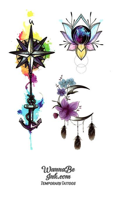 Compass Anchor Crescent Moon And Flower Best Temporary tattoos