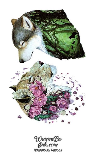 Cougar In Roses and Wolf In Forest Best Temporary Tattoos