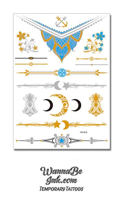 Crescent Moons with Blue and Gold Jewelry Design Metallic Temporary Tattoos