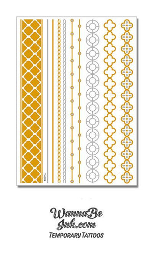 Cross and Circle Designs on Bracelet Bands in Gold and SIlver Metallic Temporary Tattoos