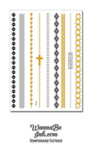 Cross Inspired Design with Hearts in Bands of Gold Temporary Metallic Tattoos