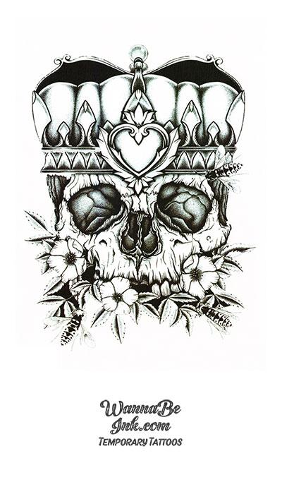 Crowned Skull Heart Diadem and Flowers Best Temporary Tattoos