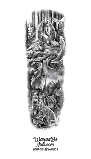Crying Angel Wolf Feather Foxes Horn Roses Landscape Temporary Sleeve Tattoos