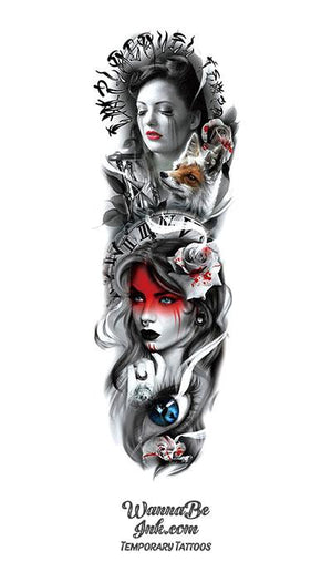 Crying Woman Fox Roses Time Blood Woman with Nose Ring Temporary Sleeve Tattoos