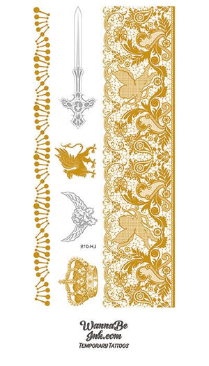 Cupid Griffon Sword and Crown in Gold Temporary Tattoos