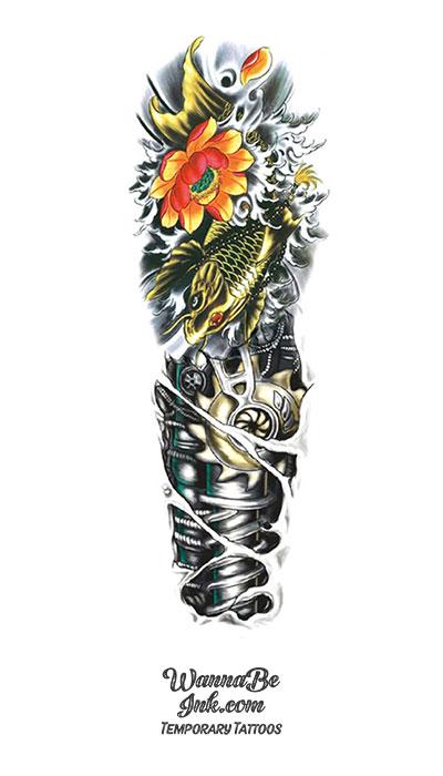Cyborg Metal Skeleton Gold Koi Fish with Lotus Temporary Sleeve Tattoos