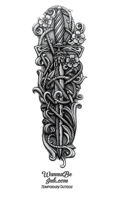 Black and Grey Crow and Dagger Tattoo Design – Tattoos Wizard Designs