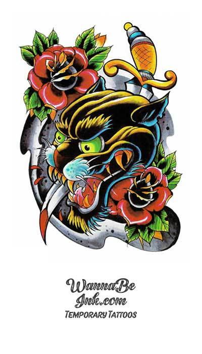 Dagger Through Black Jaguar and Roses Best Temporary Tattoos