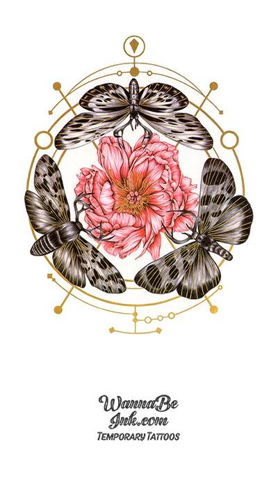 Deathshead Moths around Red Rose Best Temporary Tattoos
