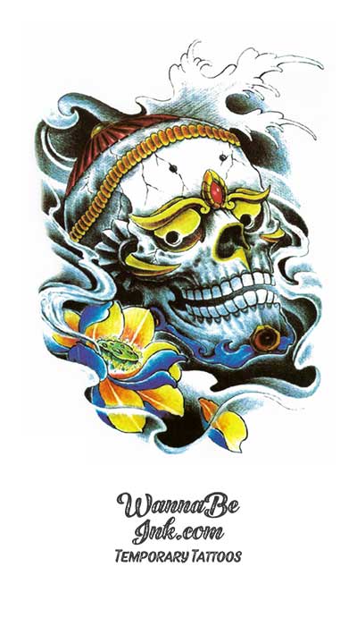 Decorative Asian Skull with Golden Yellow Eyes Best Temporary Tattoos
