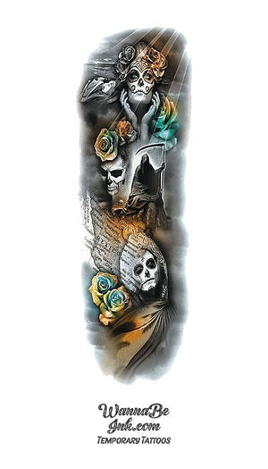 Dia De Los Muertos Roses Death Woman Temporary Sleeve Tattoos