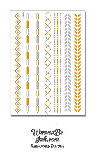 Diamond and Leaf Patterns Arm Bands Metallic Temporary Tattoos