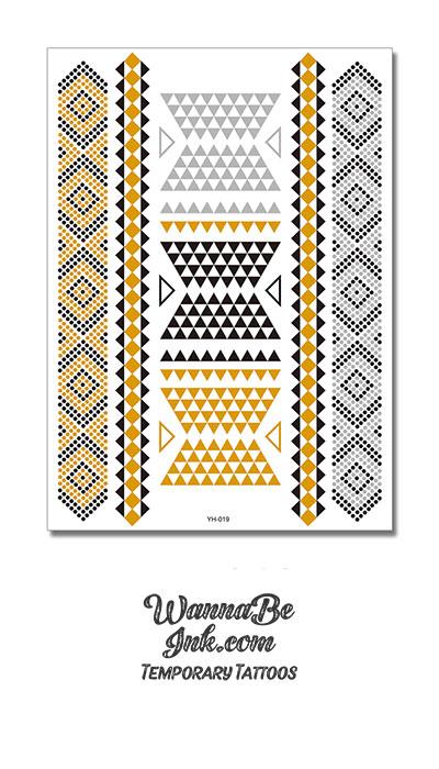 Diamond Patterns in Black Gold and Silver Bands Metallic Temporary Tattoos