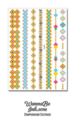 Diamonds and Turquoise Necklace and Bracelet Metallic Temporary Tattoos