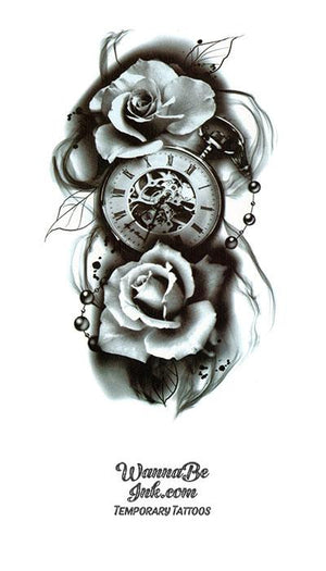 Double Roses on Clock Best Temporary Tattoos