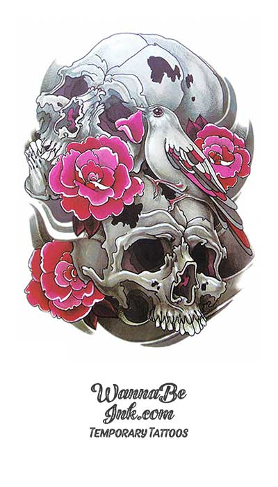 Dove On Gray Skulls and Pink Roses Best Temporary Tattoos
