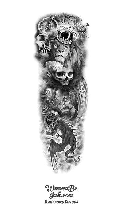 Dragon Guardian Angel Skull Rose Lion Crown Compass Temporary Sleeve Tattoos