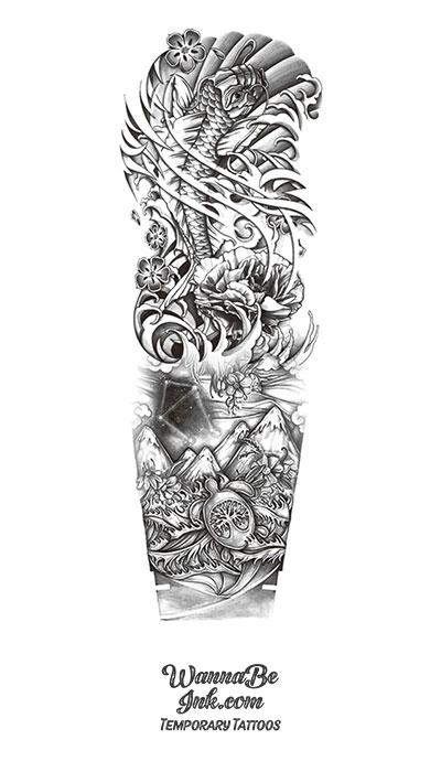 Dragon Koi Fish Lotus Mountains and Turtle in Ocean Temporary Sleeve ...