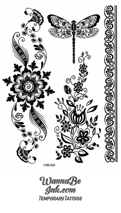Dragonfly Lotus Intricate Pattern Henna Style Black Temporary Tattoo Sheet