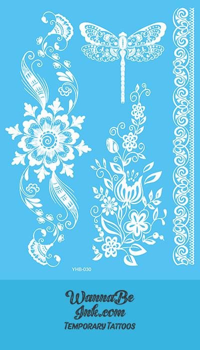 Dragonfly Lotus Intricate Pattern Henna Style White Temporary Tattoo Sheet