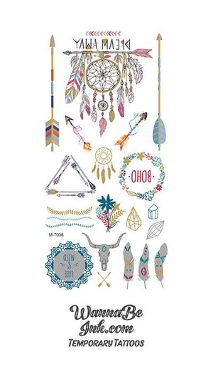 "Dream Away" Dream Catcher Feathers and Arrows Metallic Temporary Tattoos