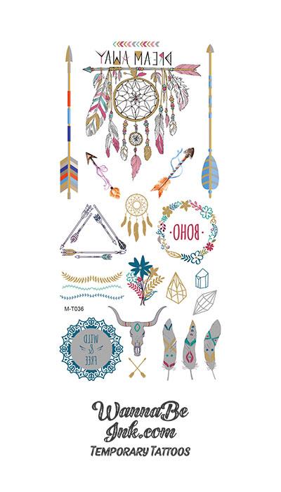 "Dream Away" Dream Catcher Feathers and Arrows Metallic Temporary Tattoos