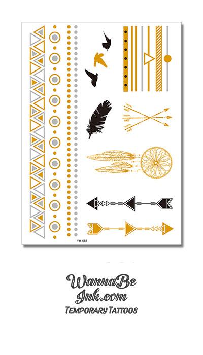 Dream Catcher Birds Feathers and Arrows in Black and Gold Metallic Temporary Tattoos