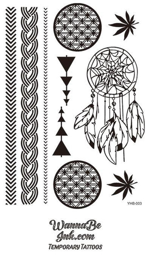 Dream Catcher Cannabis Arrow Pattern Black Hennah Style Temporary Tattoo Sheet