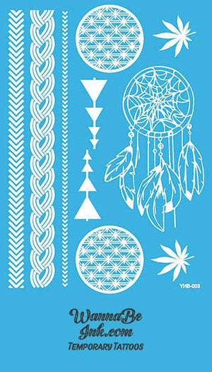 Dream Catcher Cannabis Arrow Pattern White Henna Style Temporary Tattoo Sheet