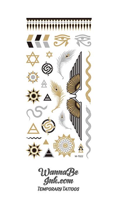 Egyptian Styled Eye of Ra, Pyramids in Black and Gold Metallic Temporary Tattoos