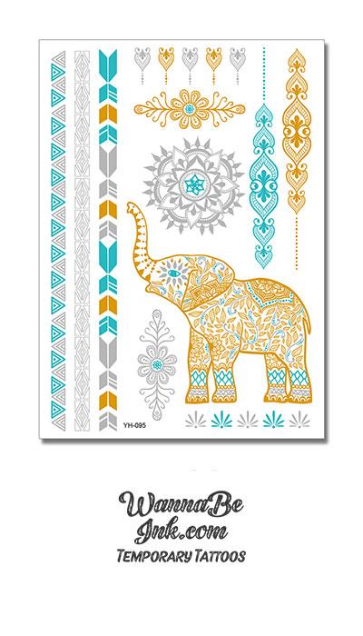 Elephant with Mandala in Turquoise and Gold Metallic Temporary Tattoos