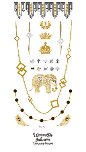 Elephant Crowns Feathers and Necklace Gold Temporary Tattoos