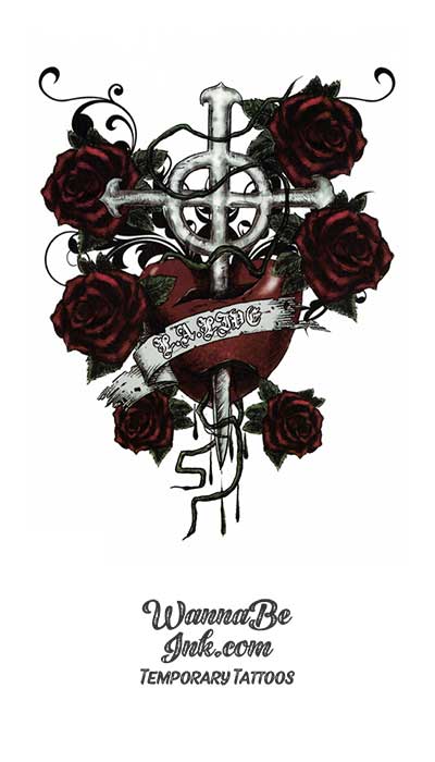 English Cross in Dark Red Roses Best Temporary Tattoos| WannaBeInk.com