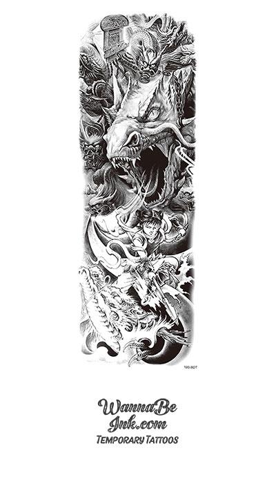 Epic Dragon with Asian Warrior Princess and Spear Temporary Sleeve Tattoos