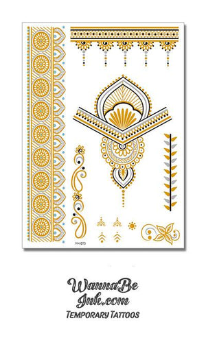 Eye of The Sun and Paisley Patterns in Black and Gold Metallic Temporary Tattoos