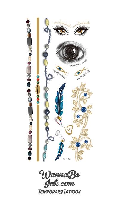 Eyes Beaded Necklaces and Blue Feathers Metallic Temporary Tattoos