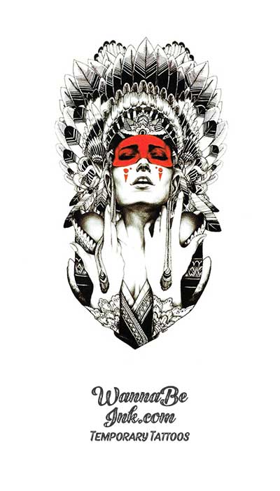 Fancy Feather Headdress Woman With Red Face Best temporary Tattoos