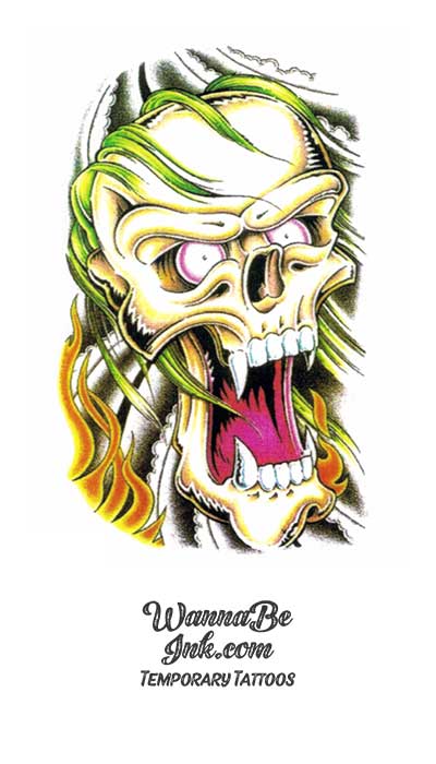Fanged Skull With Green Wispy Hair Best Temporary Tattoos