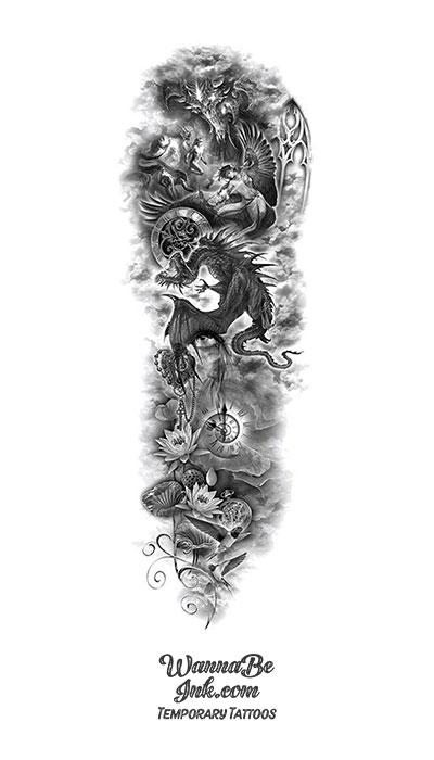 Fantasy Dragon Guardian Angel time Lotus Flowers and Swallows Temporary Sleeve Tattoos