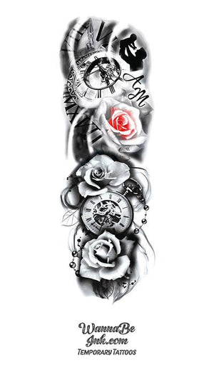 Father and Child Time Roses and Stop Watch Temporary Sleeve Tattoos